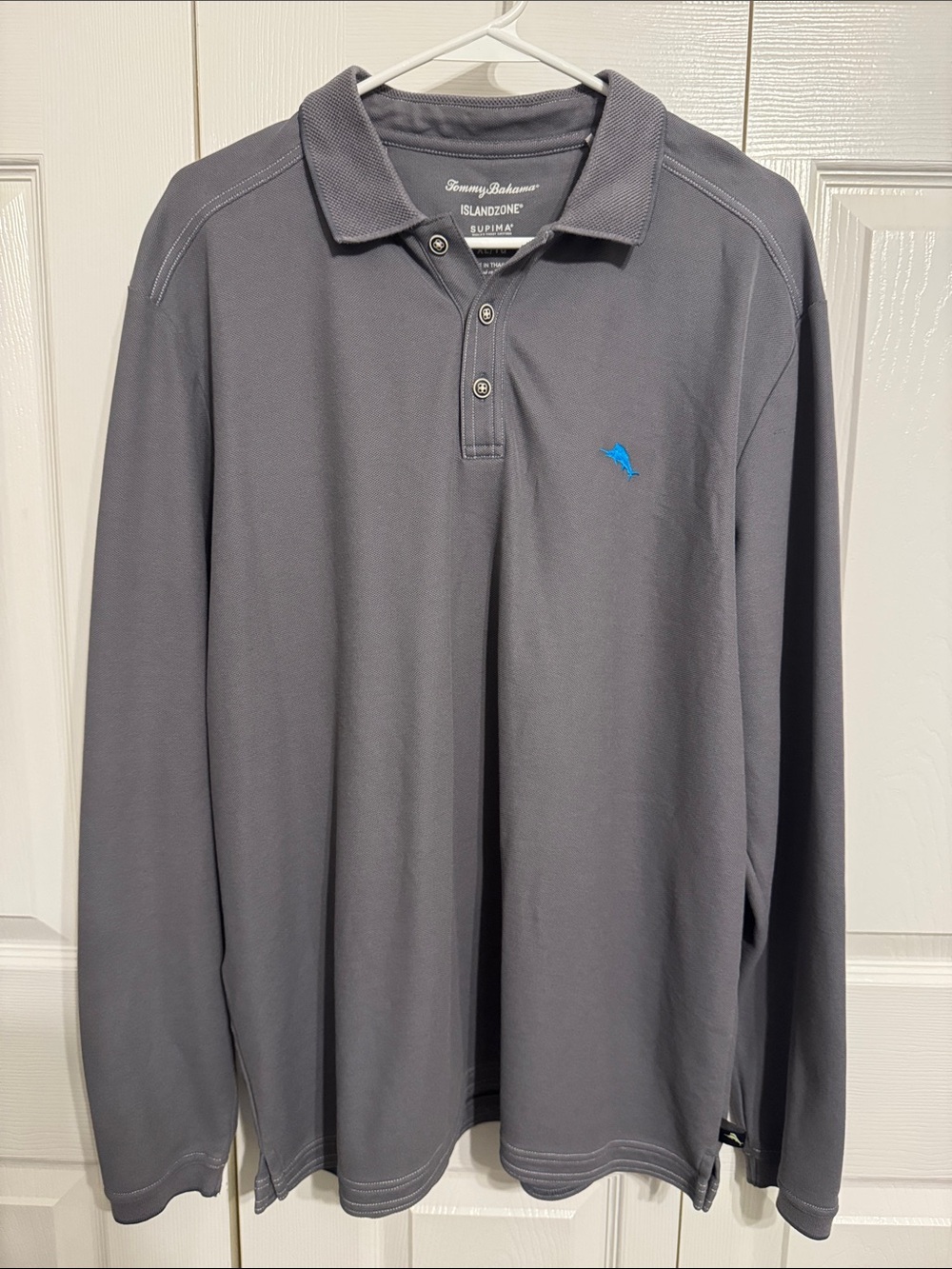 Tommy Bahama Long-Sleeve Polo Shirt in Slate Gray with Blue Logo